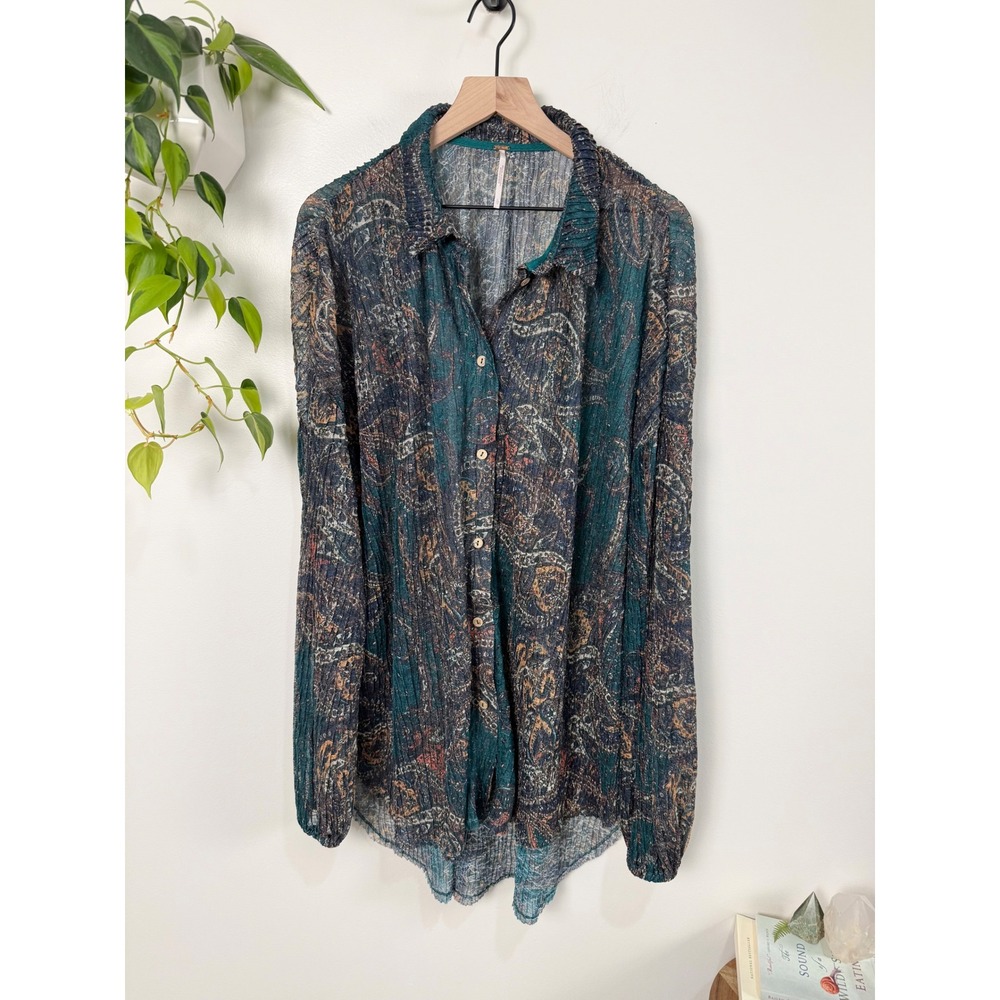 Free People Oversized Teal Paisley Crinkle Button Down Blouse Long Sleeve Top L